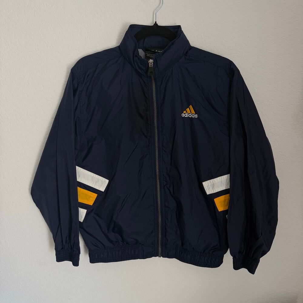 Vintage Adidas Windbreaker Jacket Navy Blue Gold White Women's Size L Y2K